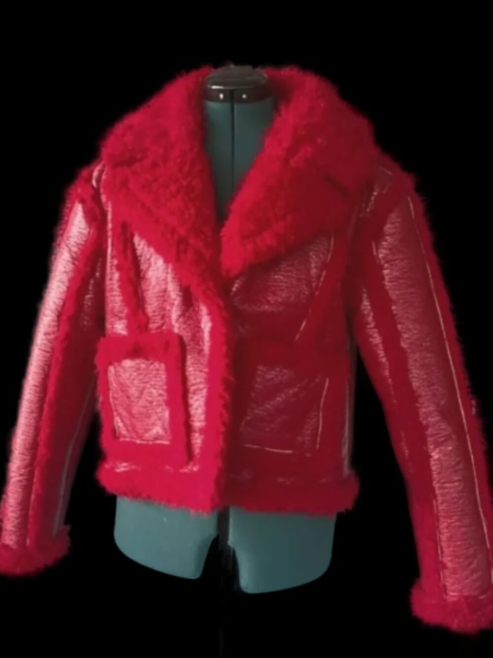 Vintage Y2K Red Faux Leather Faux Fur Collar Cropped Jacket Women Sz M